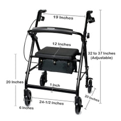 Lightweight Aluminum 4-Wheel Rollator Walker - Adjustable Height, 300 lbs Capacity, Padded Seat