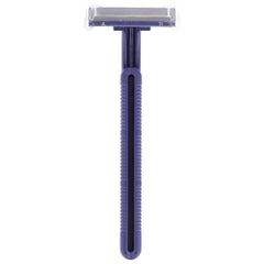 Stainless Steel Disposable Safety Razor - Twin Blade Fixed Head with Ribbed Plastic Handle (Blue)