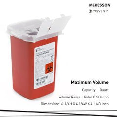 McKesson Prevent Sharps Container - 1 Quart, Red Base, Vertical Entry, Puncture-Resistant Biohazard Disposal