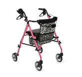 Medline Posh Pink Zebra Rollator Walker - Lightweight Aluminum 4-Wheel Rolling Walker with Seat, Storage Bags & Cosmetic Mirror