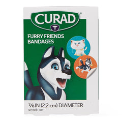 Pediatric Adhesive Bandages - Furry Friends Design, Latex-Free, 7/8 Inch