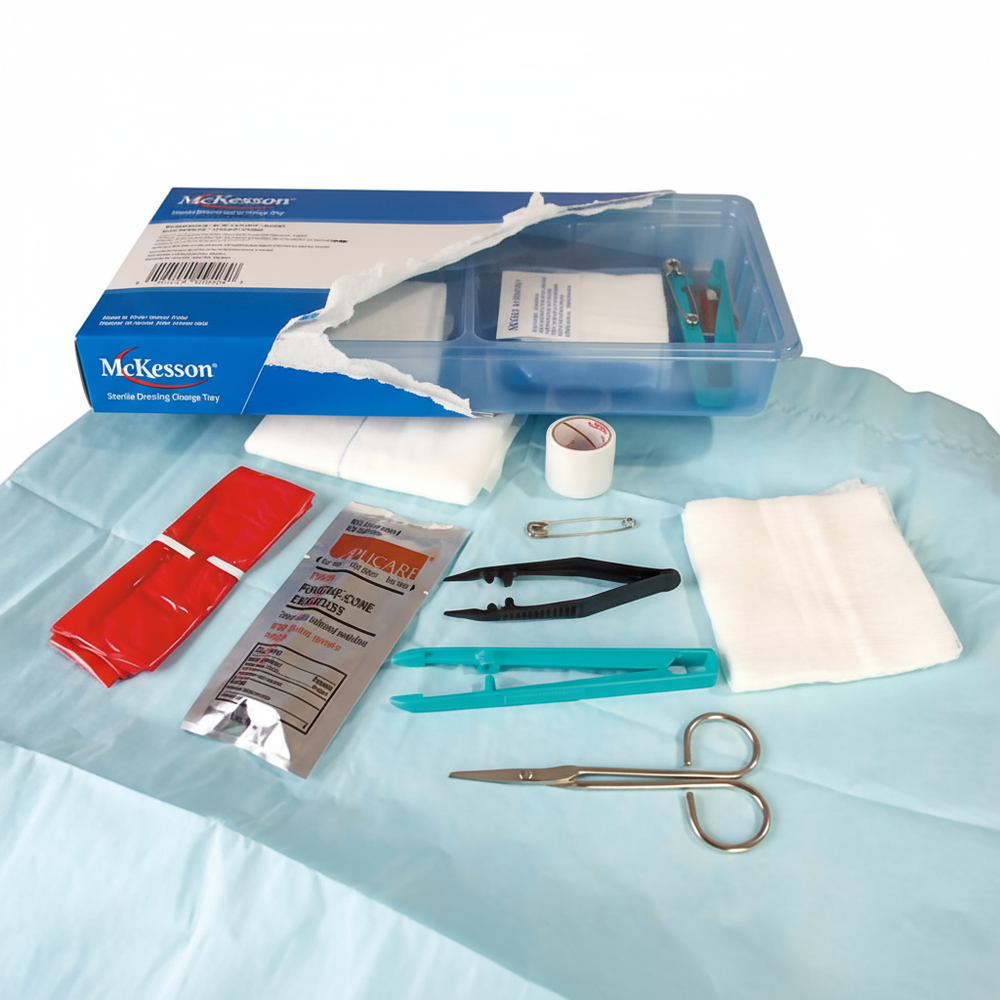 Angled view of McKesson dressing change tray with packaging