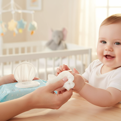 Baby wipe in use