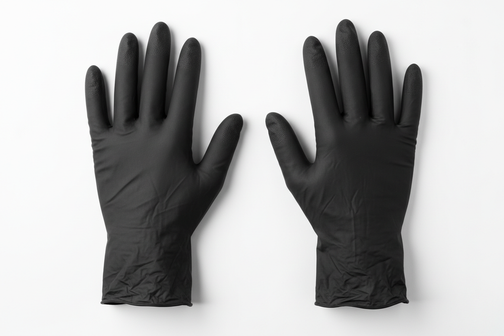 Black nitrile exam gloves flat display
