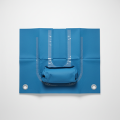 Blue drape showing U-shaped split and pouch