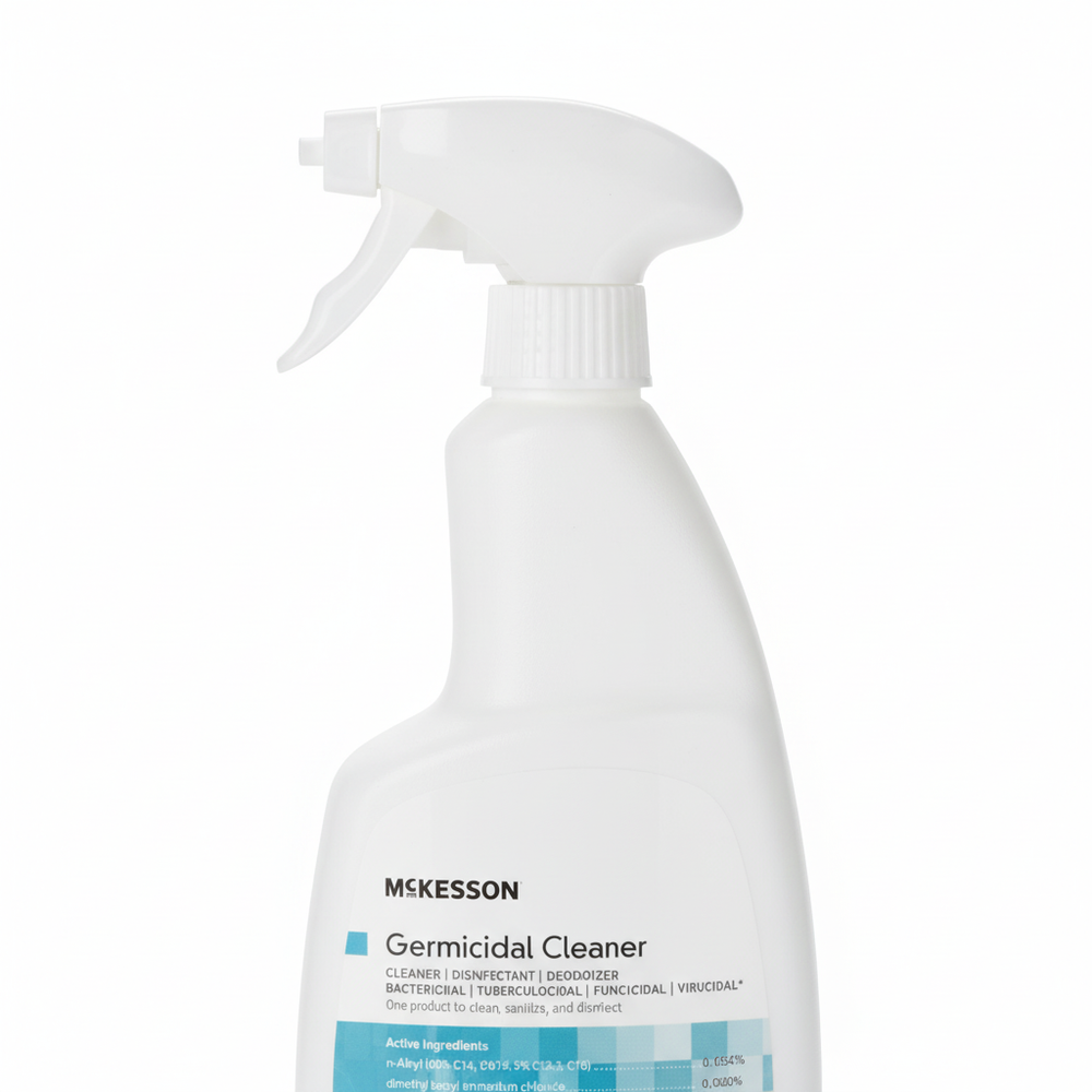 Close-up of disinfectant spray bottle nozzle and label