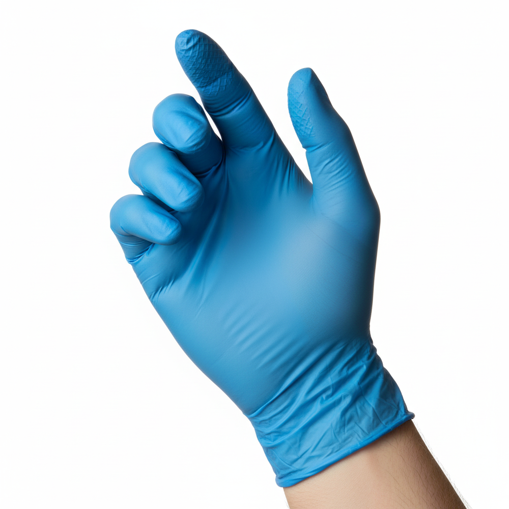 Close-up of glove showing textured fingertips and beaded cuff