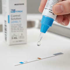 Control solution being applied to test strip