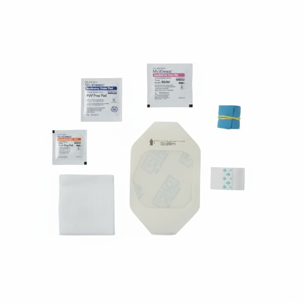 Detail shot of Tegaderm dressing and PVP prep pad