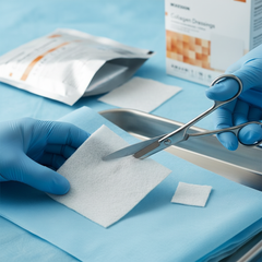 Dressing being trimmed with scissors