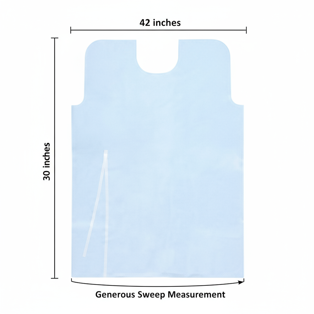 Exam gown laid flat showing dimensions