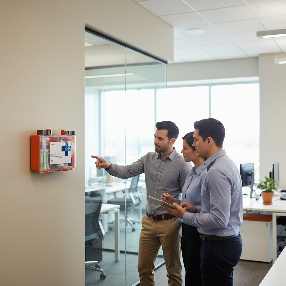 First aid kit in workplace setting
