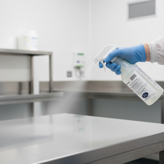 Gloved hand using spray in cleanroom setting