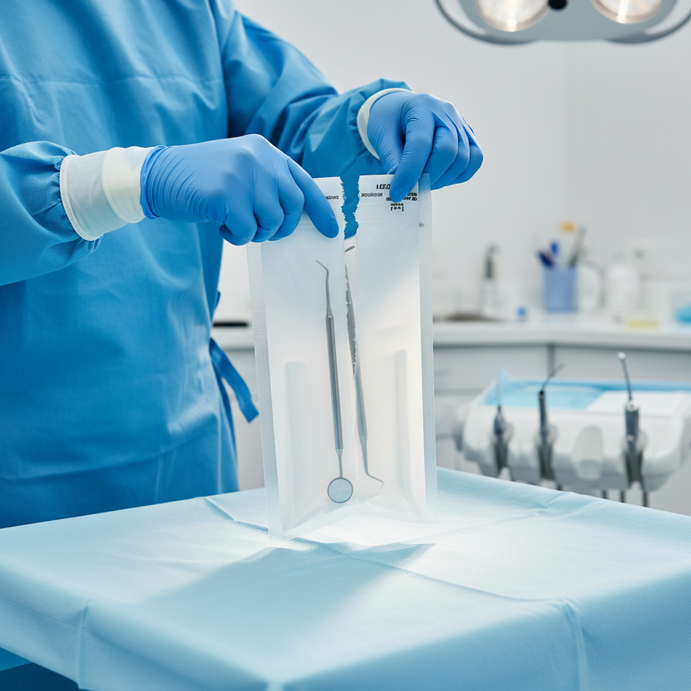 Hands performing sterile opening technique