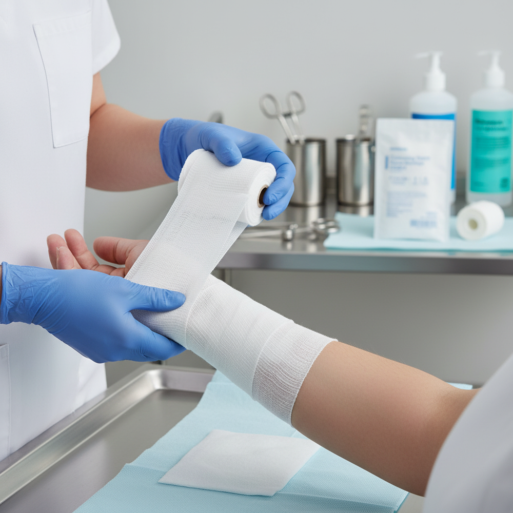 Healthcare professional applying bandage