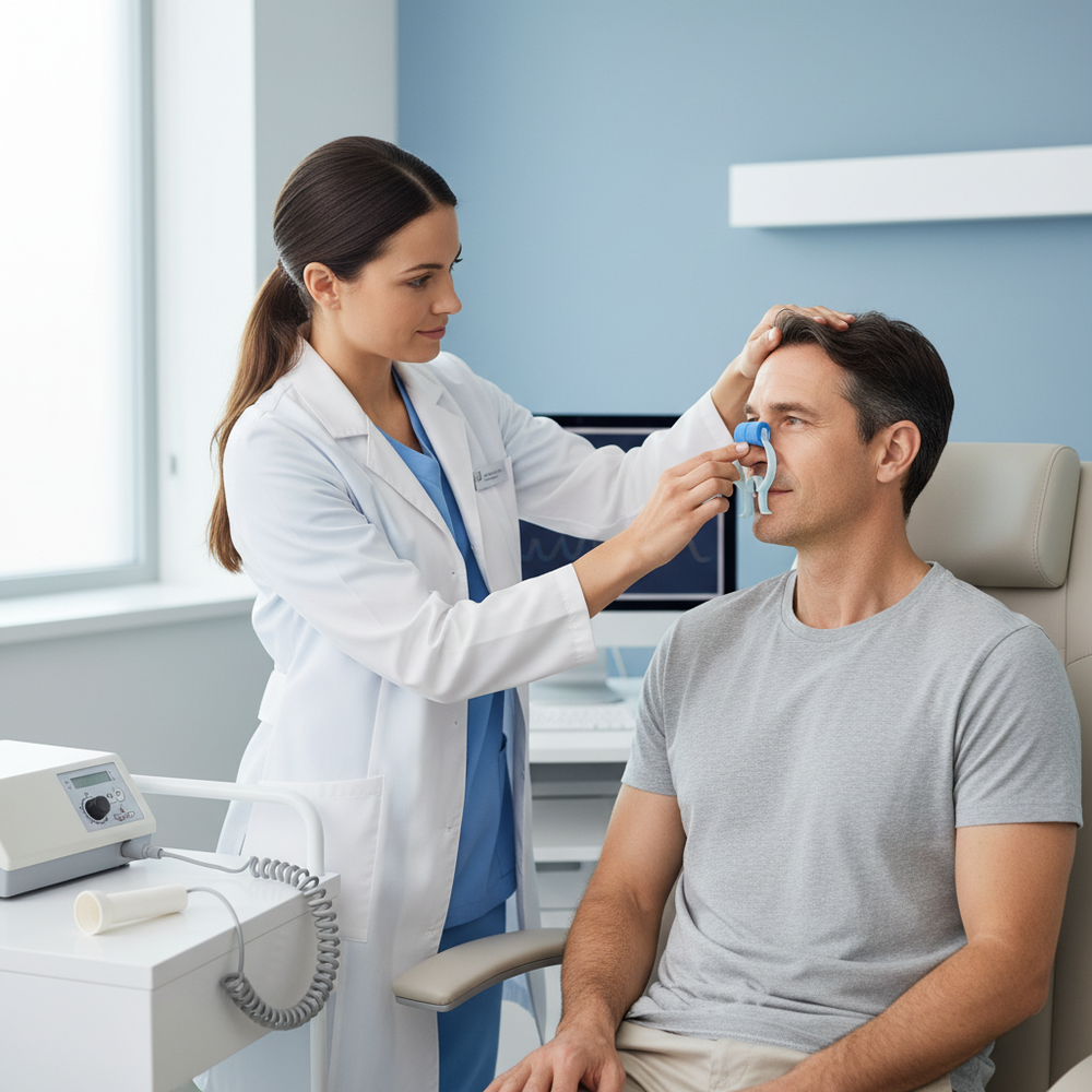 Healthcare professional applying nose clip to patient