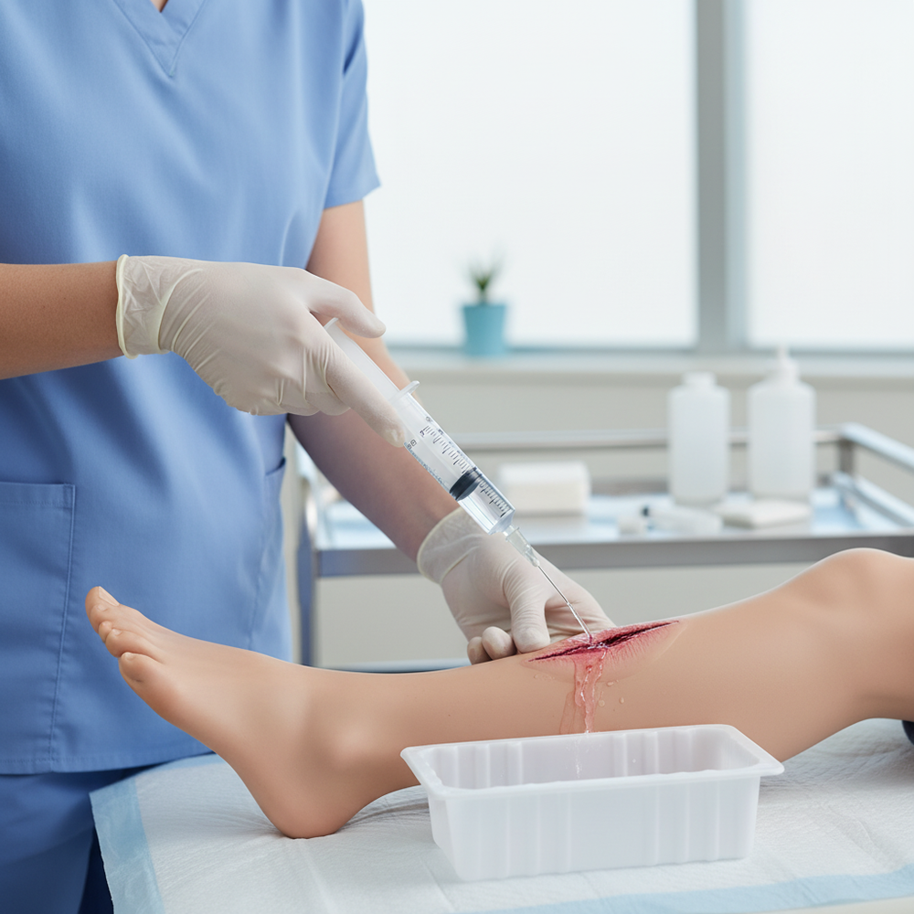 Healthcare professional performing irrigation