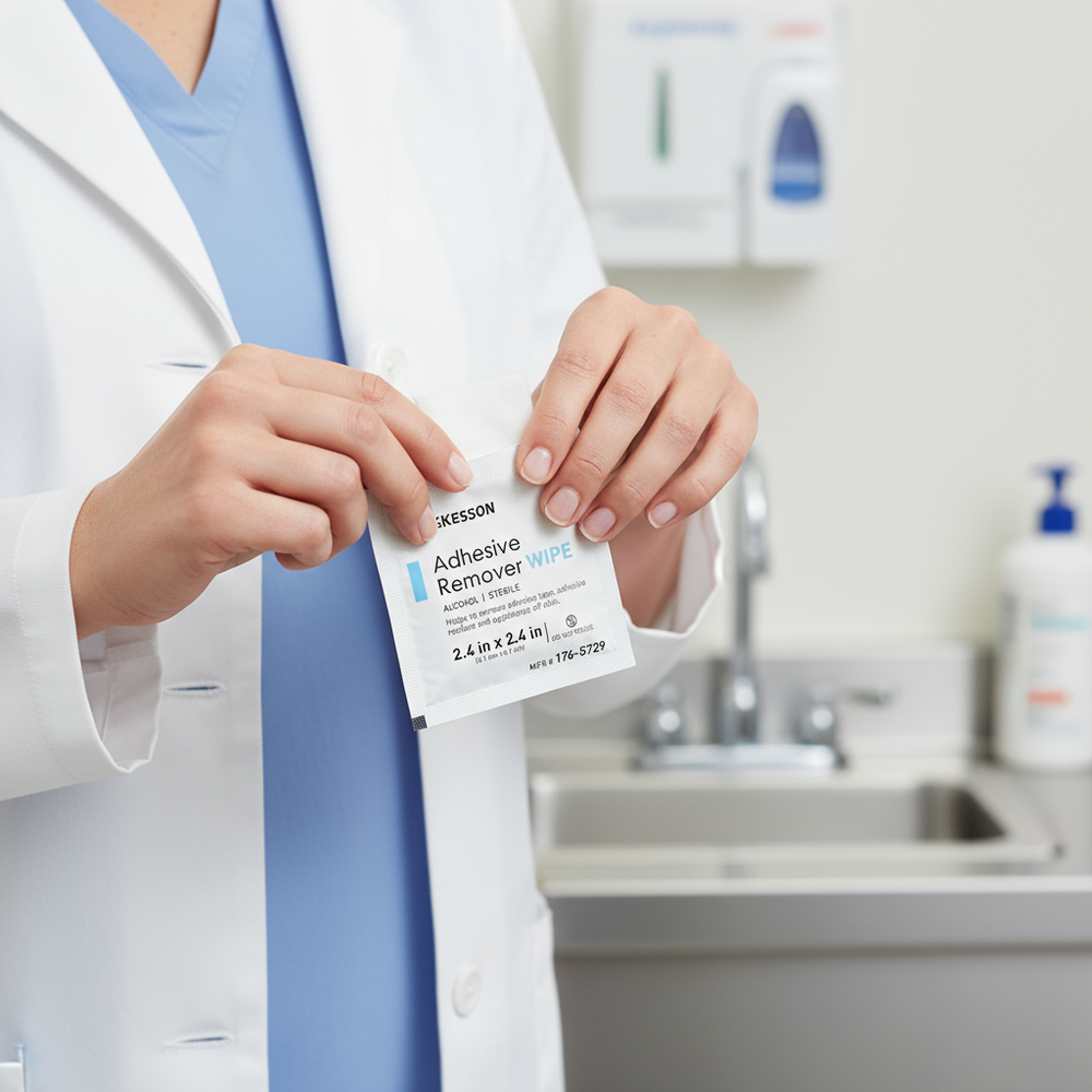 Healthcare professional using wipe