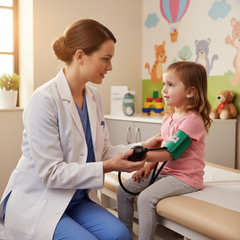 Healthcare provider measuring child's blood pressure