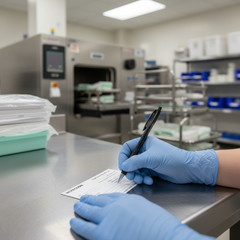 Healthcare worker completing record card