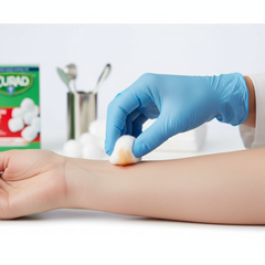 Medical professional applying cotton ball to wound