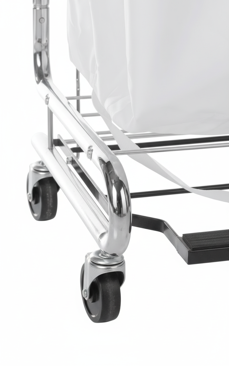 Close-up of wheel casters and foot pedal
