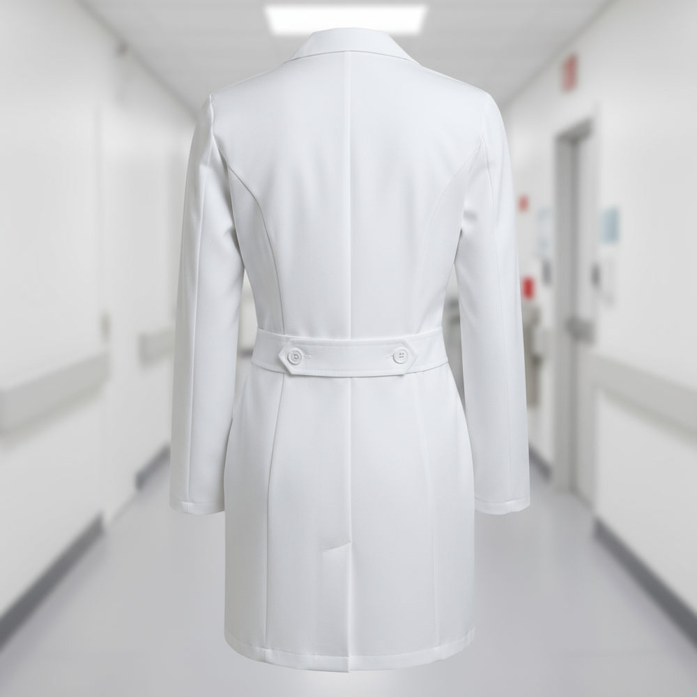 Back view showing princess seams and adjustable belt