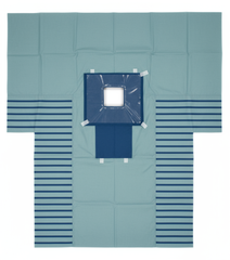 Top-down view of surgical drape with fenestration
