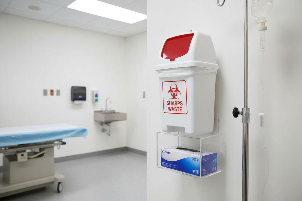 Sharps Container Cabinet with Glove Holder Wall Mount in Clinical Setting