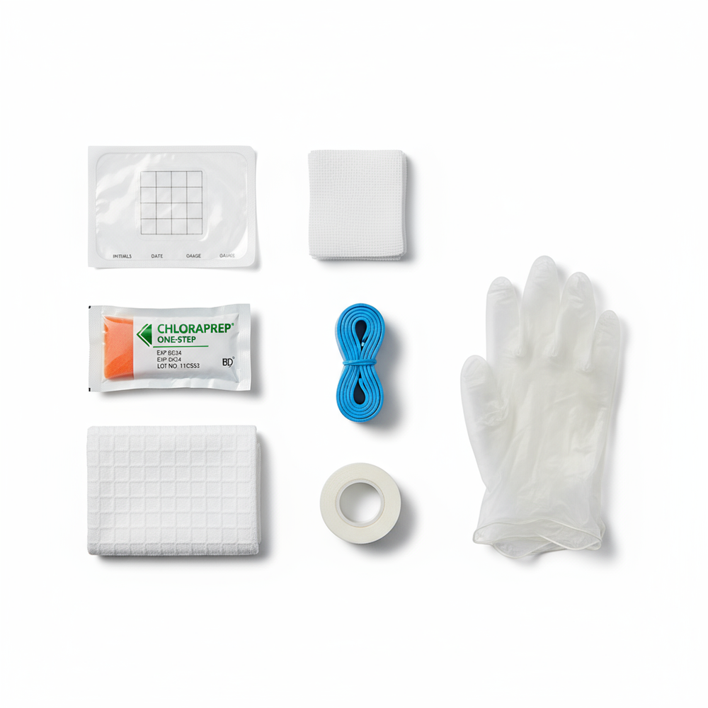 Top-down flat lay view of all IV kit components