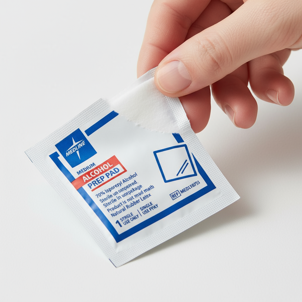 Close-up of individual prep pad packet