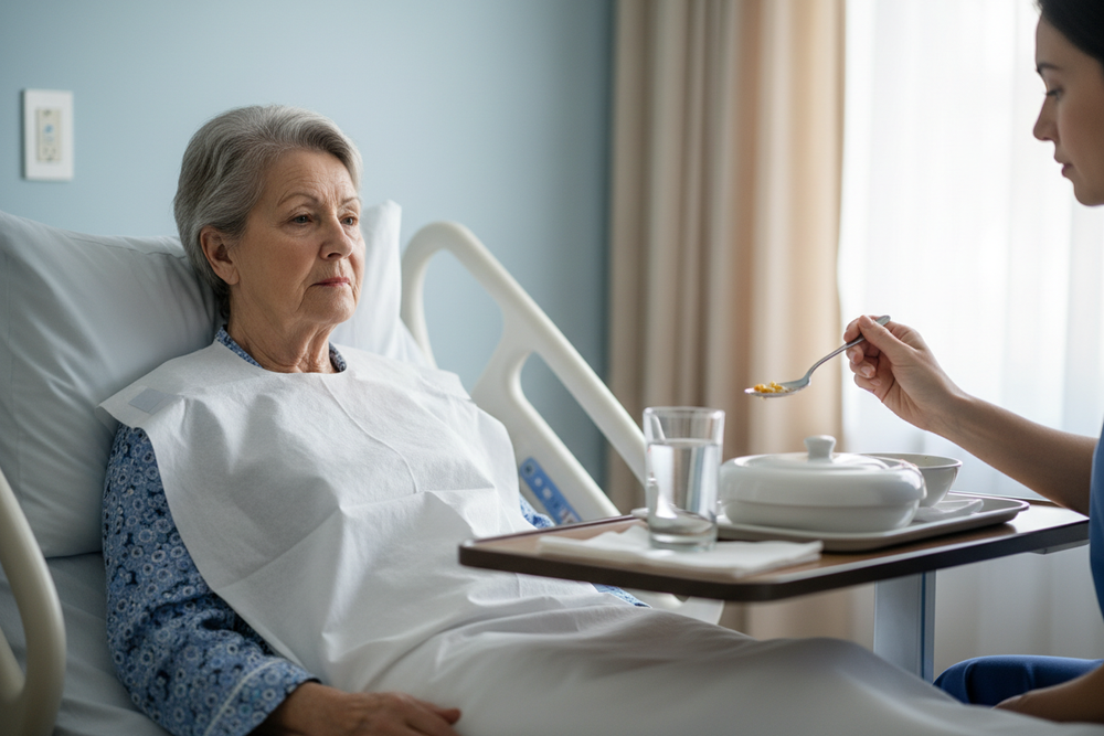 Patient wearing bib during mealtime