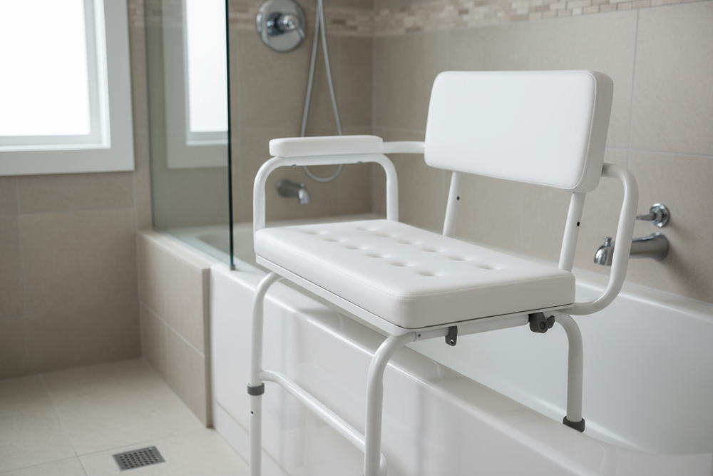 Transfer bench positioned over bathtub