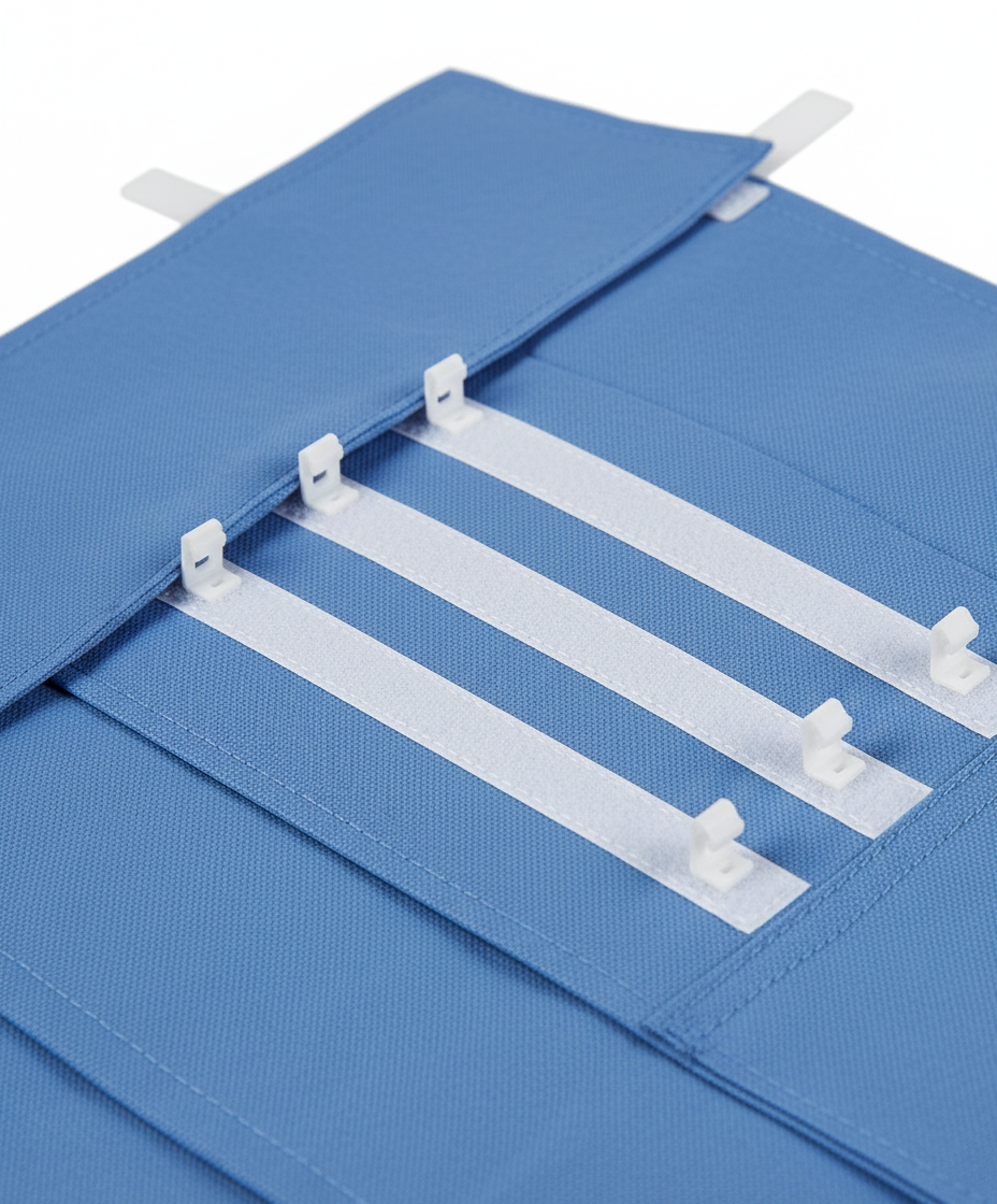 Close-up of hook-and-loop closures and line holders