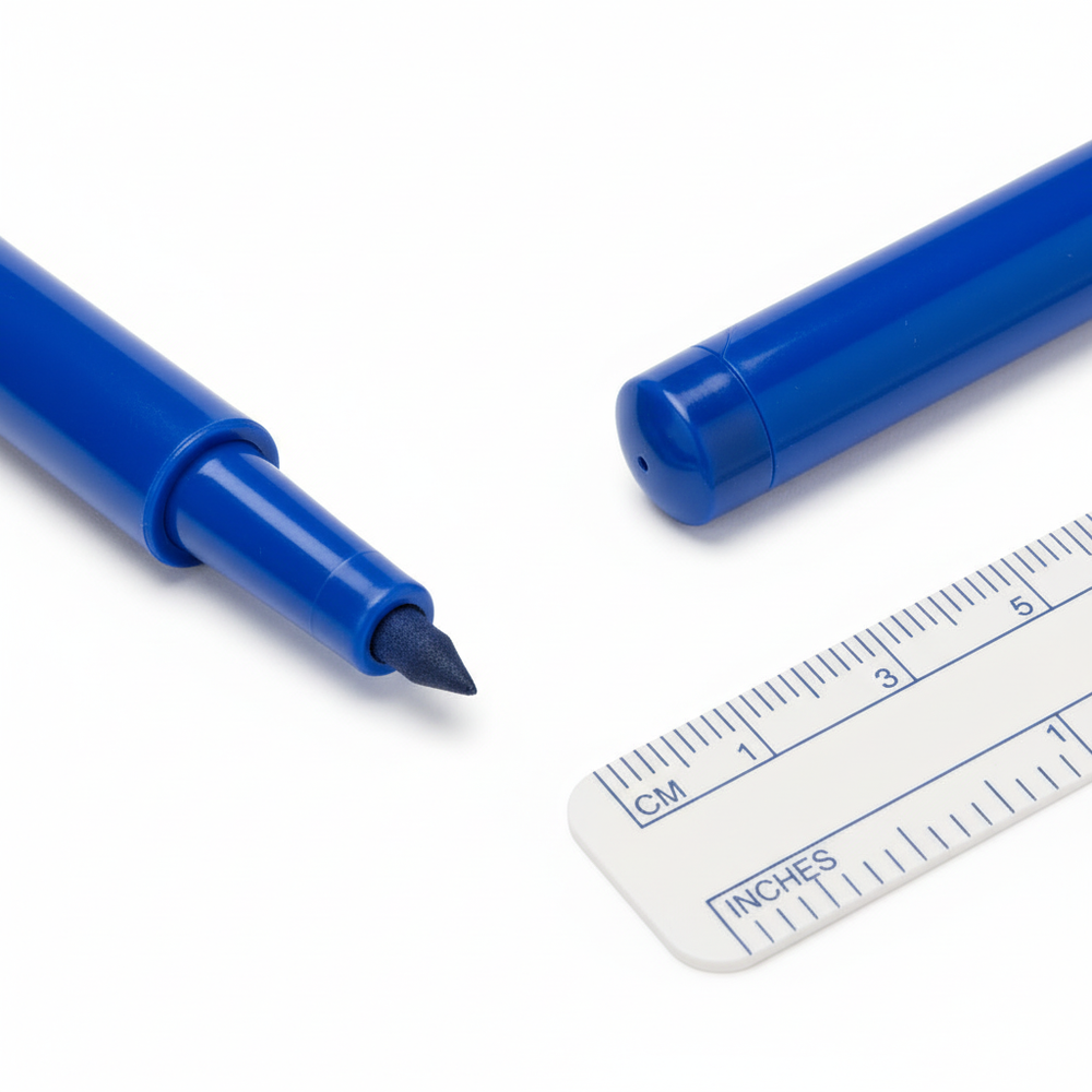 Close-up detail of marker tip and ruler