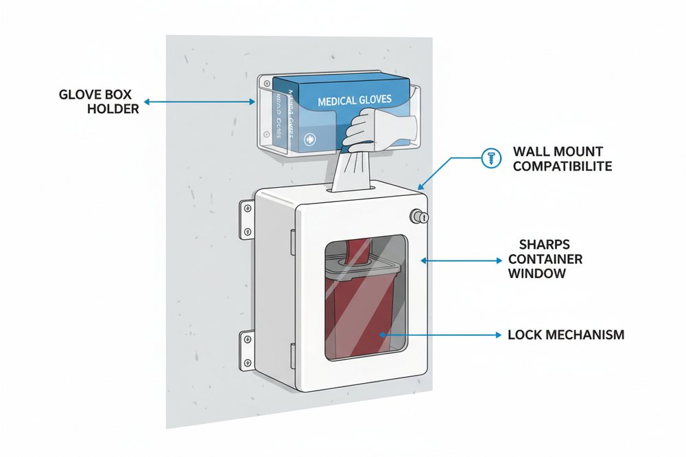 Sharps Container Cabinet Features Diagram with Glove Holder