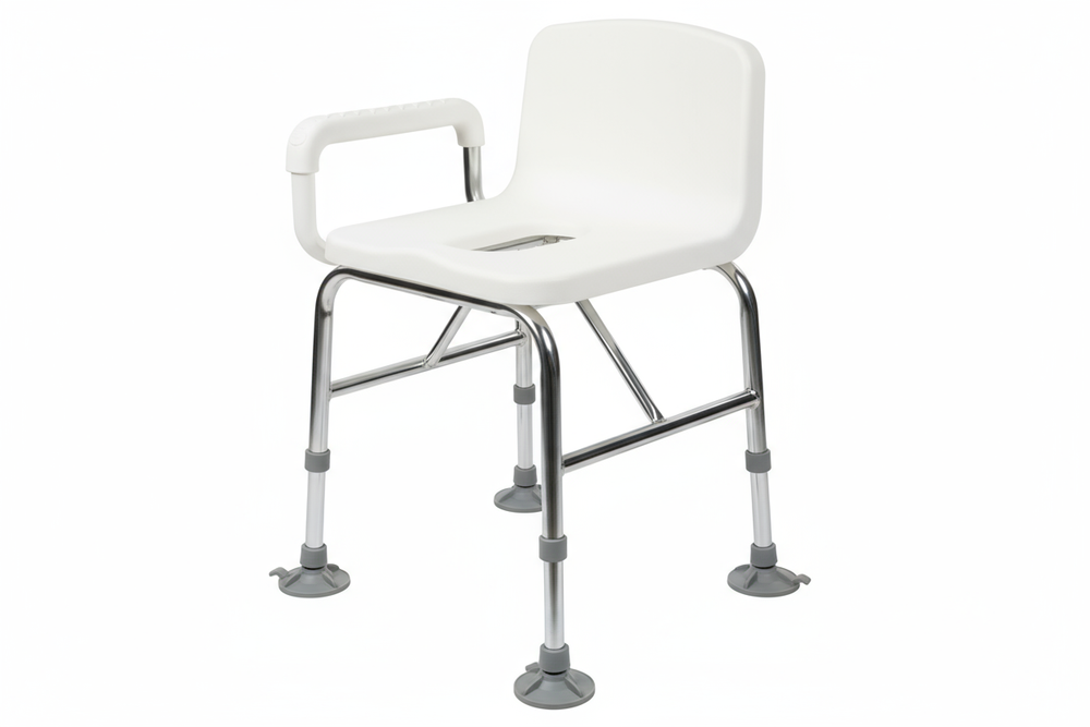 Front view of transfer bench and commode