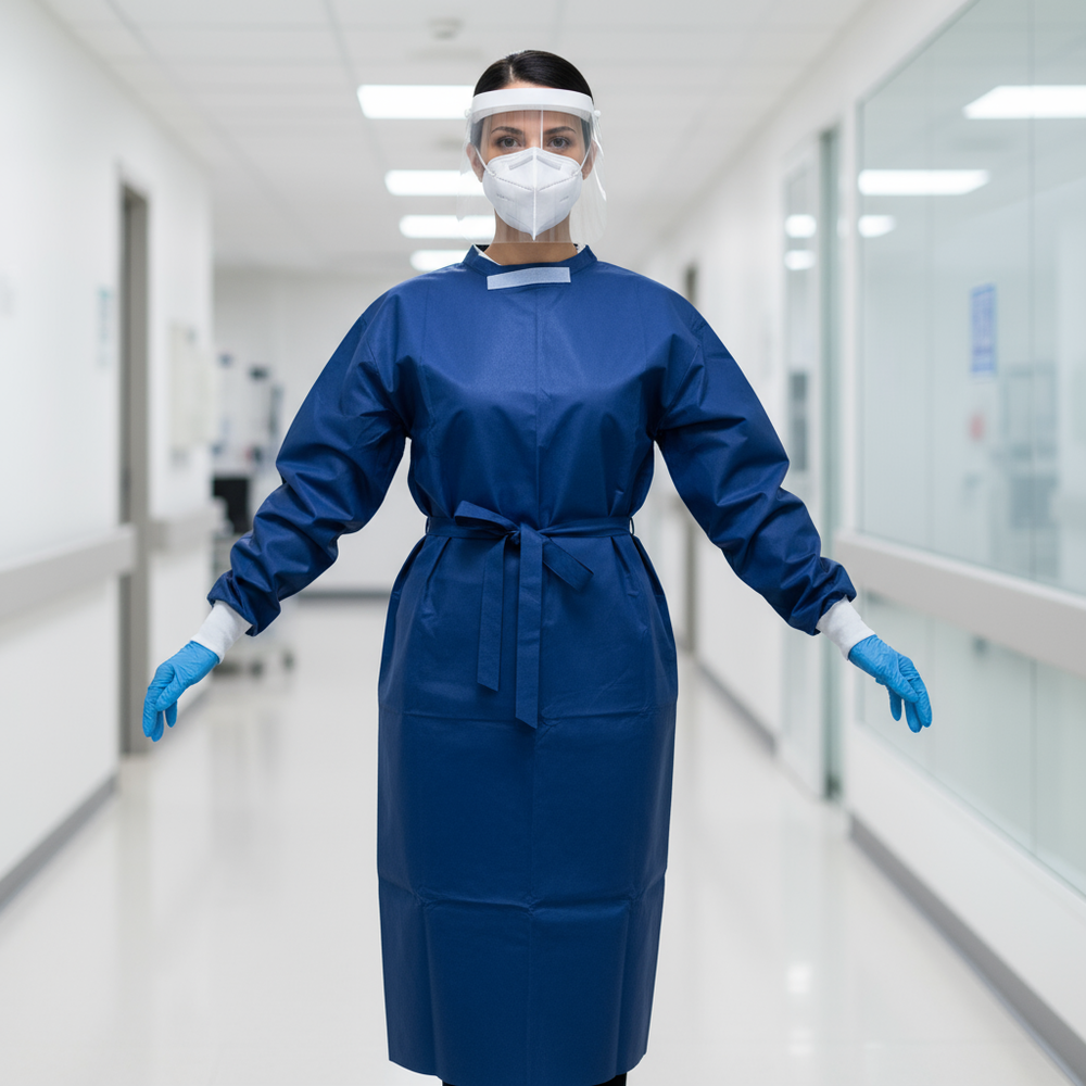 Healthcare professional wearing gown