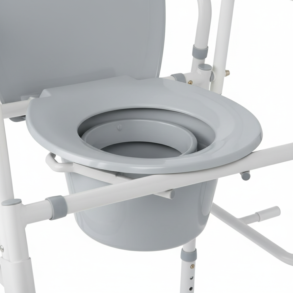 Close-up of padded seat and pail