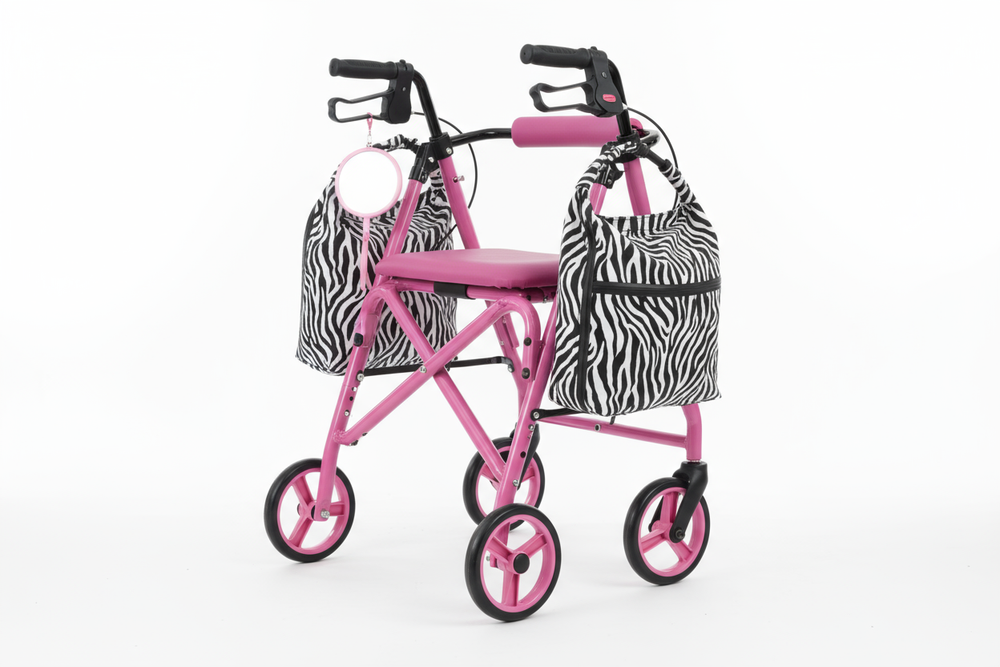 Angled view showing zebra print storage bags