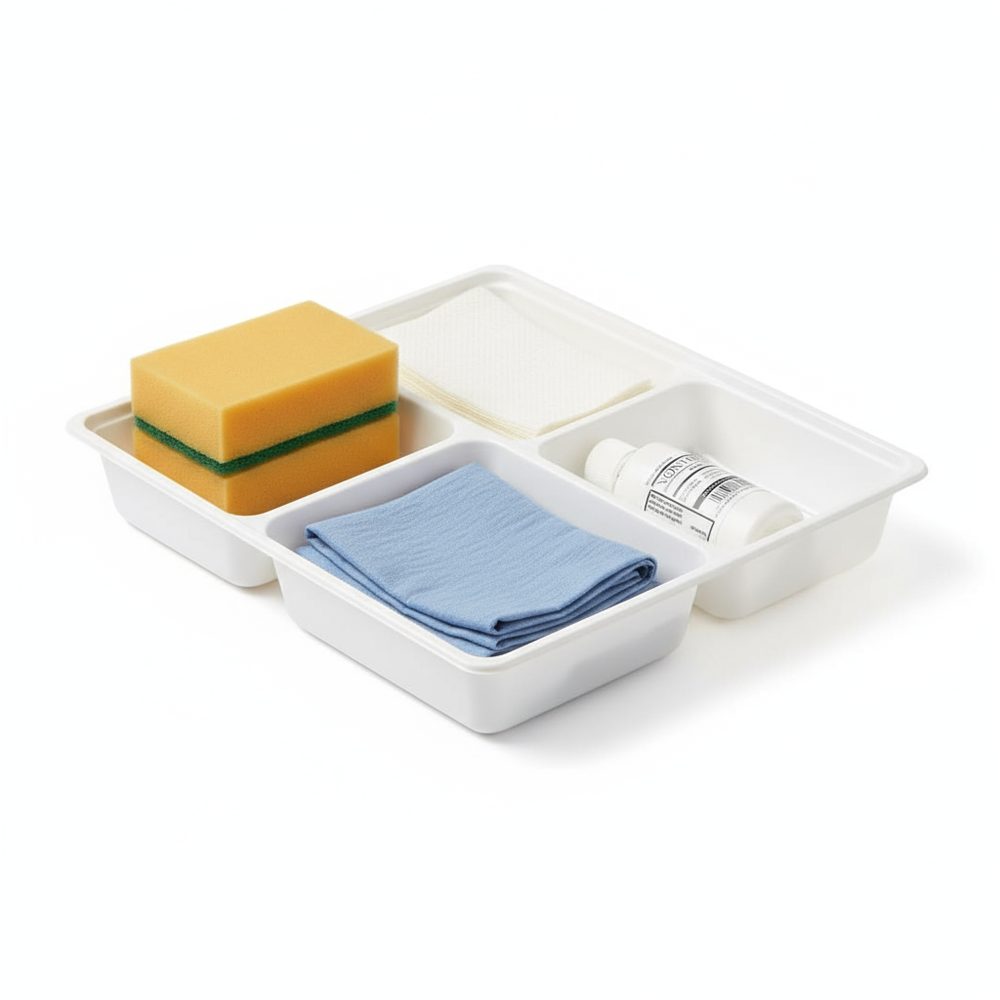 Side angle view of medical scrub tray