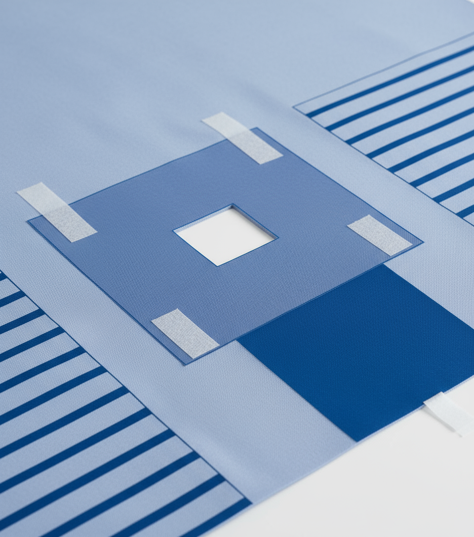 Close-up detail view of adhesive fenestration and absorbent reinforcement
