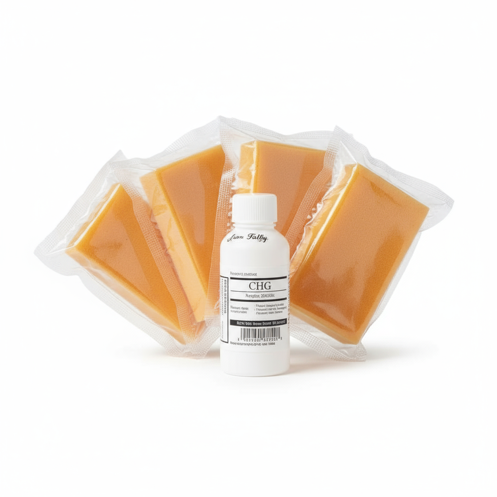 Close-up of CHG solution and sponges