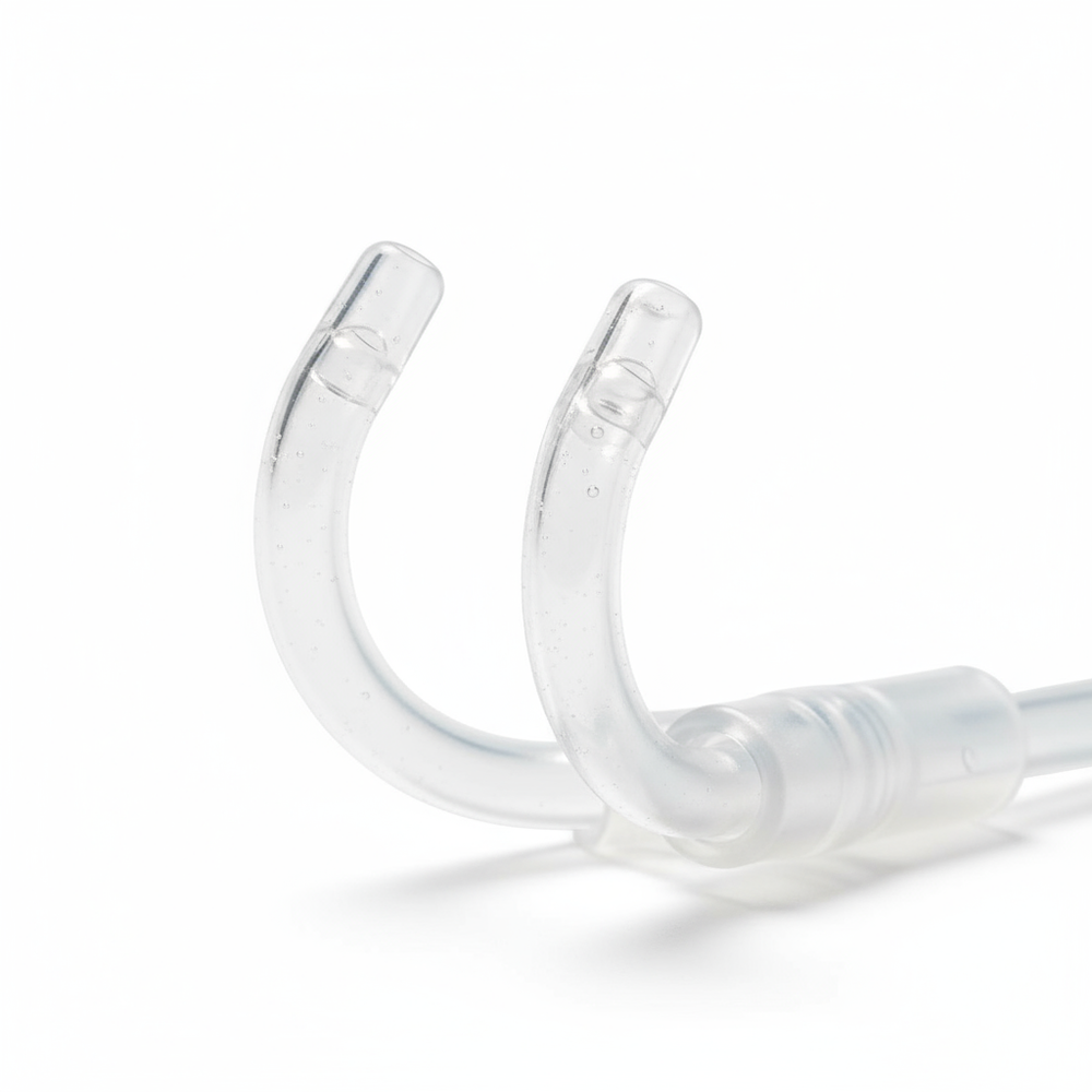 Close-up view of curved nasal prongs