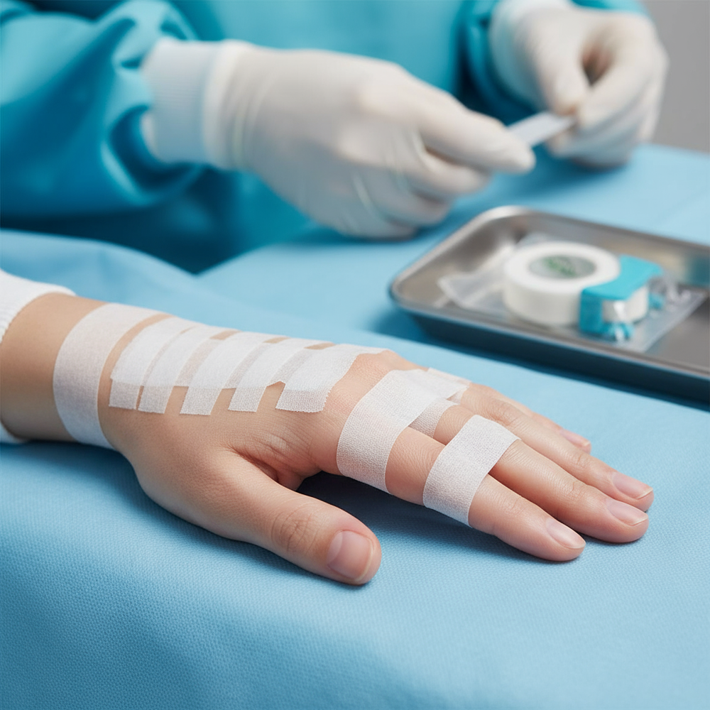 Securing wound dressing application