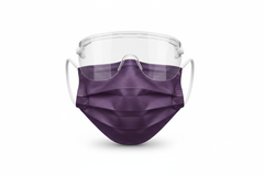 Front view of purple medical mask with eye shield