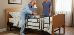 Patient Using Bed Rail for Support