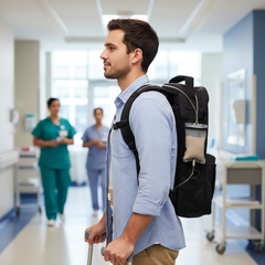 Patient wearing backpack side view