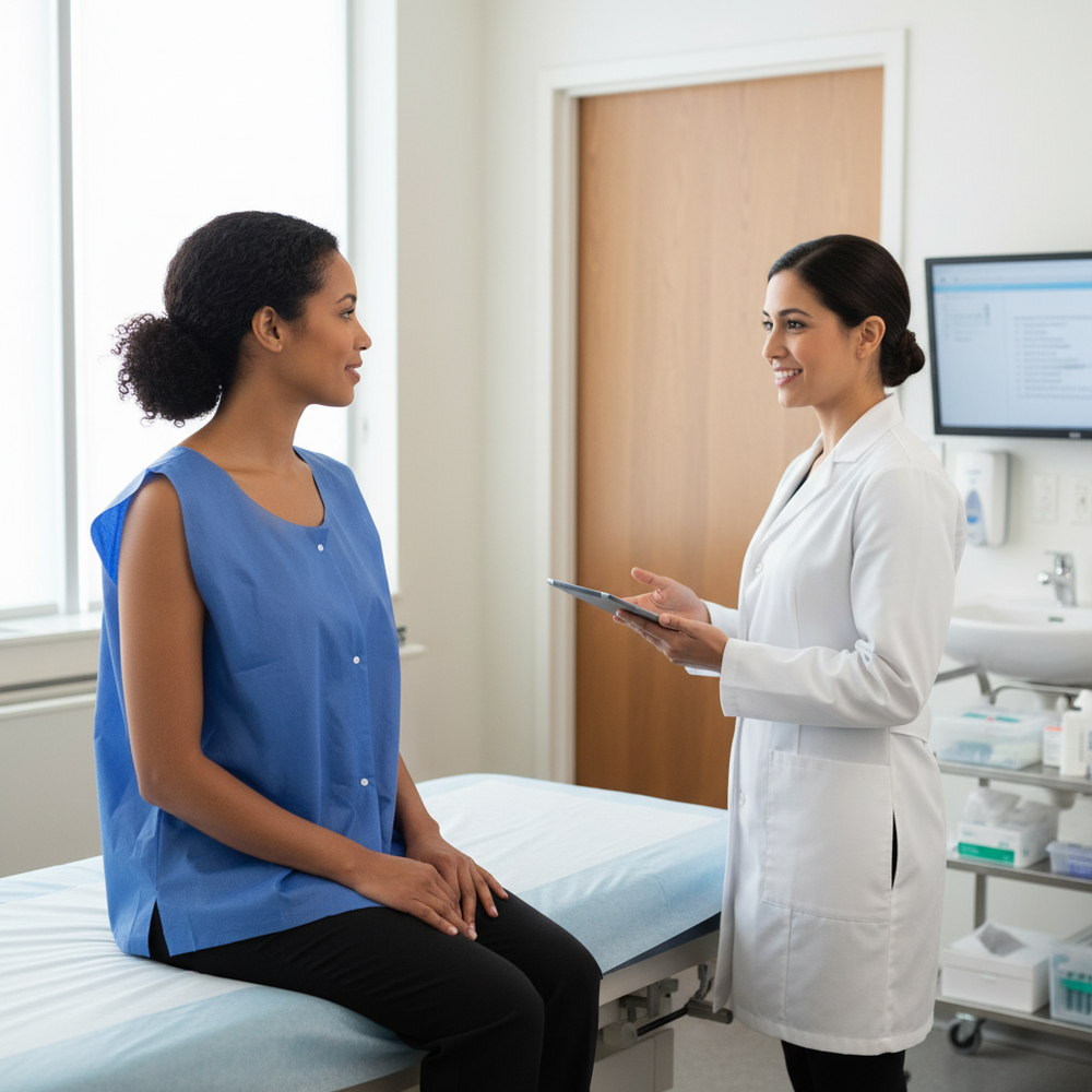 Patient wearing exam vest in medical setting