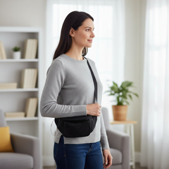 Patient wearing pouch